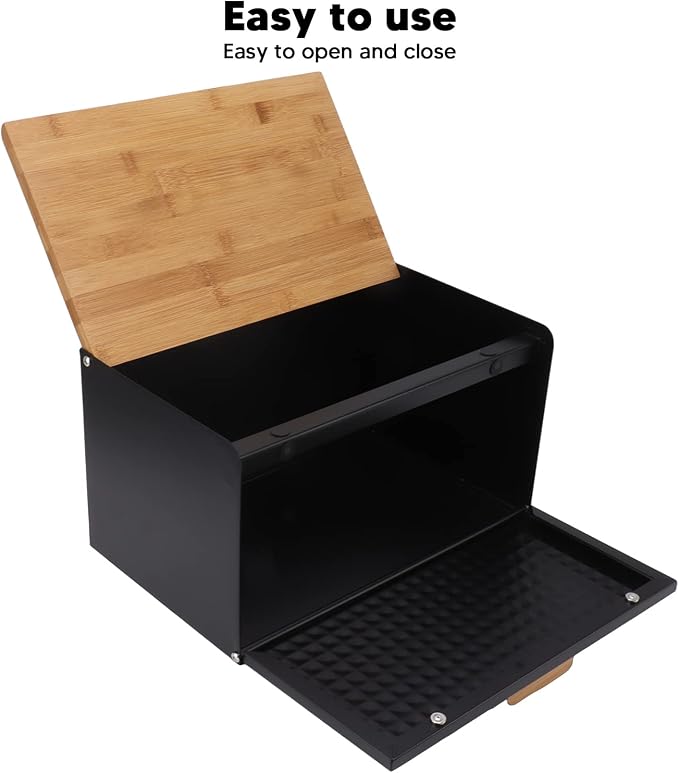 Black Bread Box for Kitchen Countertop, Metal Bread Box for Homemade Bread, Vintage Heavy Duty Large Capacity Bread Storage Container Bin Wood Farmhouse Breadbox Organizer for Kitchen Lovers (Black) - Image 2