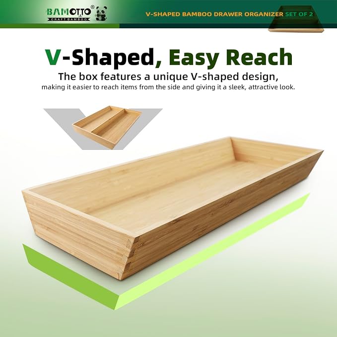 BAMOTTO CRAFTBAMBOO Long V-Shaped Bamboo Drawer Organizer Set of 2 | Silverware & Cutlery Tray | Flatware & Utensil | Kitchen & Bathroom | Narrow Fit | 19.6"×12.4" & 19.6"×7.8" - Image 3