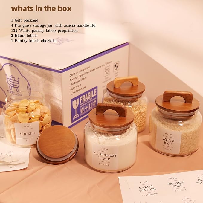 4 Pack Glass Pantry Storage Containers with 132 Pantry Labels - 37 FL OZ Kitchen Glass Canisters with Bamboo Airtight Lids - Farmhouse Glass Pantry Jars for Cookie, Rice, Pasta, Cereal, Bath Salt - Image 2