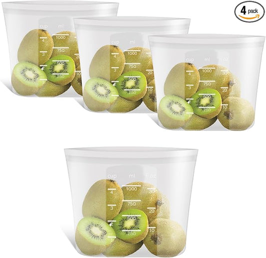 100% Platinum Silicone Reusable Food Storage Bags, 4 Pack, 34fl.oz/1000ml | Premium Silicone Reusable Storage Bag, Stand-Up Wide-Mouth Ziplock, Small Size, Freezer Microwave Dishwasher Safe, Clear by Annaklin