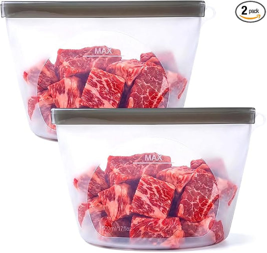 Reusable Silicone Food Storage Bags, Leakproof Freezer Bags for Food, Reusable Zip Bags for Meal Prep, Snacks, Fruit, Meat, Dishwasher Safe 2 Pack (Transparent, 2000M) by GotoPolishWiz