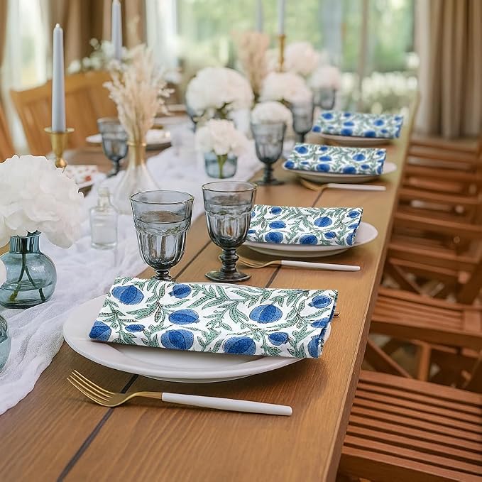 Queen Blue Hand Block Print 100% Cotton Napkins 18" x 18" (Set of 4) Reuseable Kitchen Napkins Cloth Decor Dinner Party Wedding Cocktail Gift for Spring, Easter, Summer - Image 8