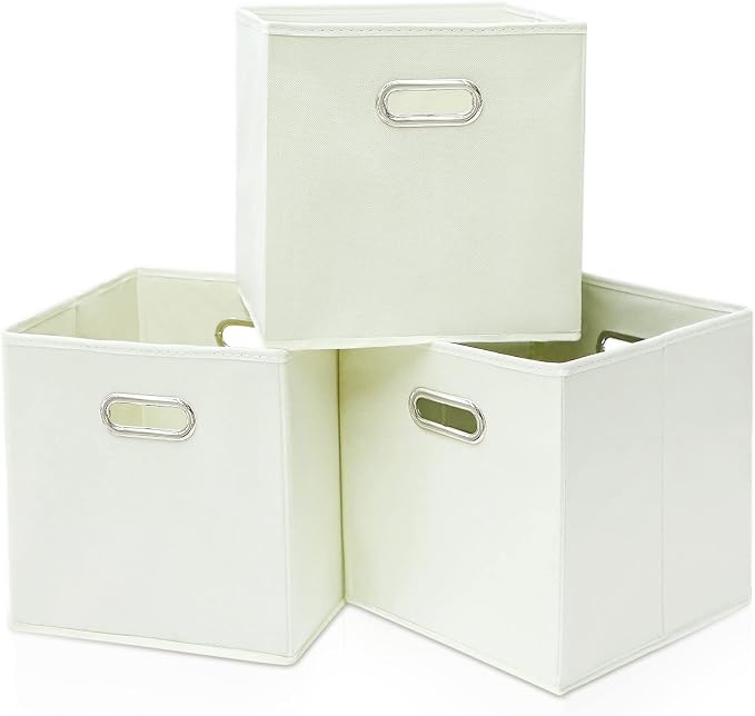 Black Fabric Cubby Storage Bins,13x13x13 Inches ,Cube Organizer Bin Foldable Storage Boxes with Dual Handles Fabric Organizer Box and collapsible Storage basket,Set of 3,Creamy-White by Yunkeeper
