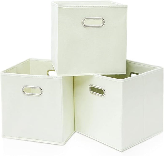 Black Fabric Cubby Storage Bins,13x13x13 Inches ,Cube Organizer Bin Foldable Storage Boxes with Dual Handles Fabric Organizer Box and collapsible Storage basket,Set of 3,Creamy-White by Yunkeeper