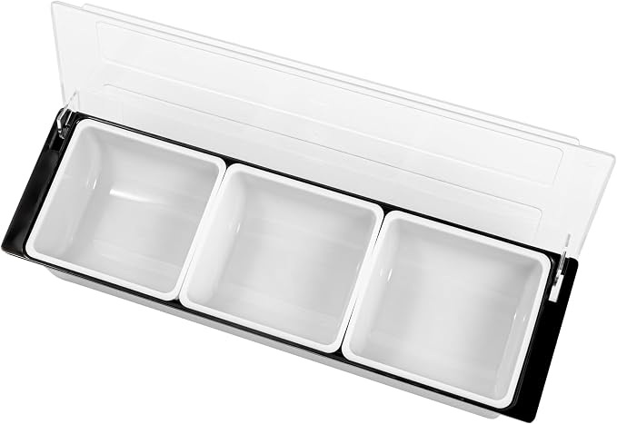 Restaurantware Bar Lux 19.6 x 6.3 x 3.7 Inch Condiment Caddy 1 Durable Bar Caddy - 3 Removable Compartments Built-In Lid Black Plastic Condiment Holder For Restaurant Store Cocktail Garnish - Image 13