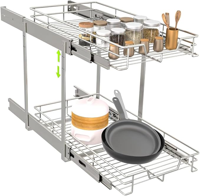 EZKAZA Pull Out Cabinet Organizer 9.5" W x 21" D, 2-Tier Kitchen Cabinet Pullout Shelf and Drawer Organizer Slide Out Pantry Storage Basket, 8.2" W x 21" D x 2.4" H for Bottom Basket Size by Unknown