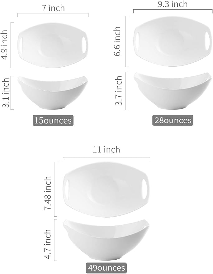 LAUCHUH Serving Bowls with Handles, Porcelain Serving Dishes Nesting Bowls | Mixing Bowls Set Salad Bowls for Entertaining, Thanksgiving, Baby Shower, Party, Set of 3, Microwave Safe, 15/28/49 oz, White - Image 2