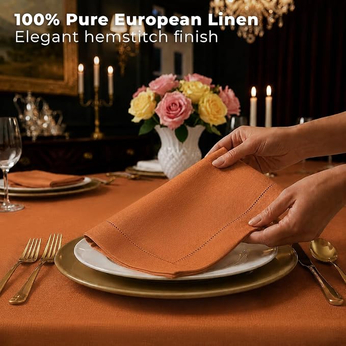Signature Linen™ by D'Moksha Rust Dinner Napkins Set of 4, 20 x 20 Inch Cloth Napkins, 100% Pure Linen, Hemstitch, Machine Washable Table Napkins- Summer, Weddings, Outdoor hostings - Image 3