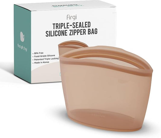 Reusable Silicone Sandwich Bag, 3.5 Cups, Food Storage Container, Made in Korea BPA-Free Platinum Silicone, Reusable Freezer Bag, Microwave Safe, Sous Vide, Lunch Baggies, 29oz, Brown | Reusable Zip Bag by FIRGI-FirstGift