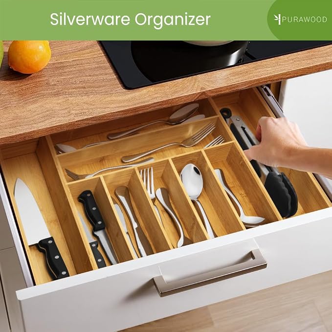 Purawood Bamboo Drawer Organizer - Expandable Silverware Organizer & Utensil Drawer Organizer, Cutlery Tray with Dividers, 7-9 Slots- Kitchen Organizer for Utensils & Flatware (Natural) - Image 5