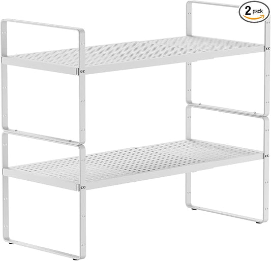 2Pcs Expandable Cabinet Countertop Shelves, 16.5"~27''L, White | Adjustable Metal Spice Rack Organizer, Stackable, Kitchen Counter Storage, 10.2" W x 9.6" H by jkxoo