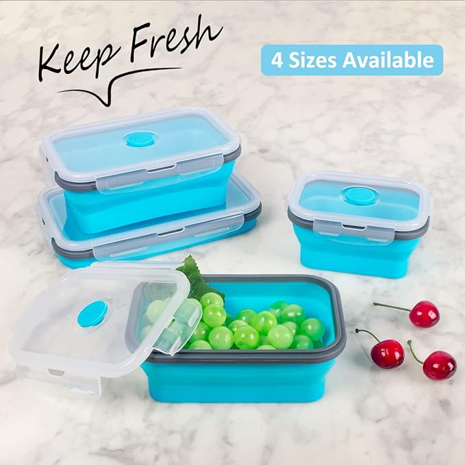 Collapsible Food Storage Containers with Airtight Lid & Air Vent, 4 Sizes, Kitchen Stacking Silicone Collapsible Meal Prep Container Set for Leftover, Microwave Freezer Dishwasher Safe, Blue, Set of 4 - Image 2