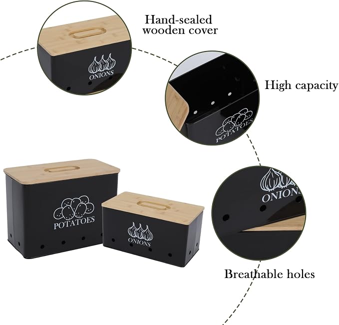 Potato and Onion Storage Bin Set of 2, Vented Metal Vegetable Storage with Wooden Lids, Farmhouse Kitchen Canisters for Countertop Pantry Organizer, Potato Bin Onion Holder for Produce Storage, Black - Image 2