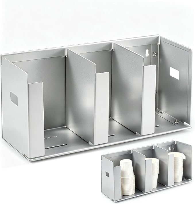 3 Compartments Stainless Steel Cup Dispenser | Adjustable Divider Organizer for Cups and Lids for Kitchen Coffee Bar Restaurant and Office Breakroom by Committedtoquality