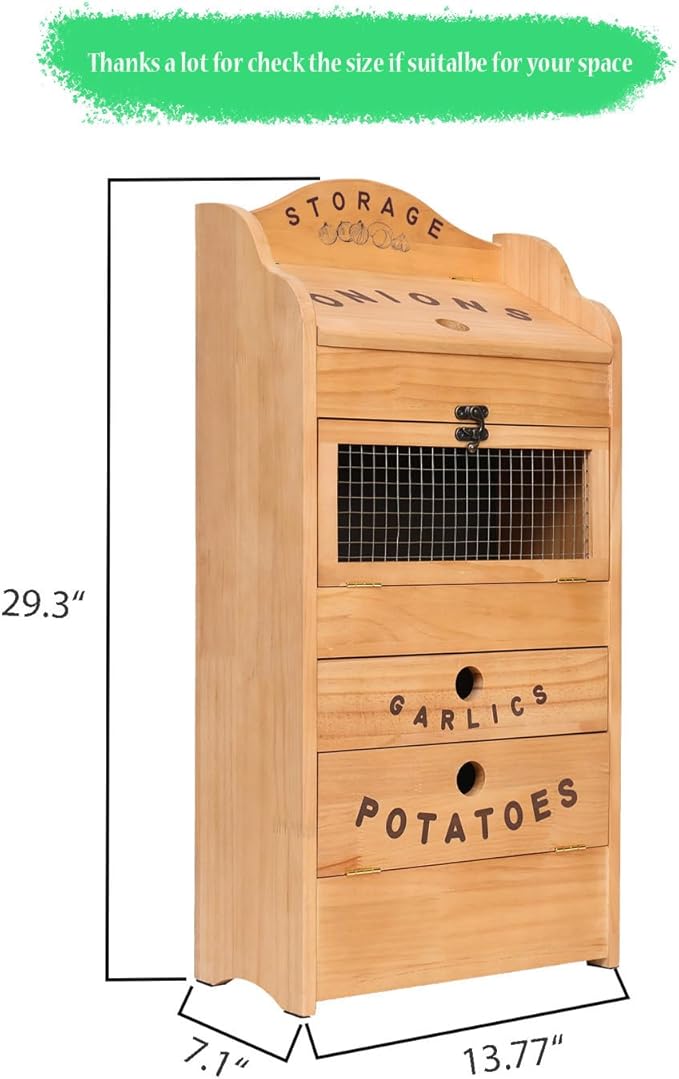 Potato Bin Veggie Organizer Rustic Pine Wood Potato, Onion & Garlic Storage Bin | Kitchen Organizer | Solid Wood Veggie Box | Compact Kitchen Box (13.77" L x 7.1" W x 29.3" H) - Image 3