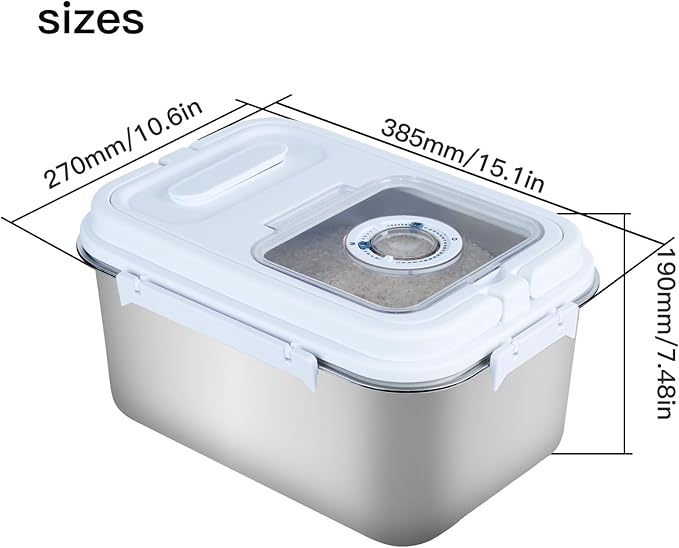 20Lbs Airtight Rice Container with Flip Lid, Stainless Steel Food Storage Container with Date Tracker, Measuring Cup and Spoon, 10L Portable Kitchen Pantry Bin for Flour Grain Sugar - Silver - Image 2