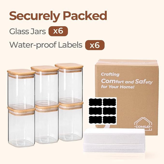 ComSaf Glass Storage Containers wtih Lids 1.2 Qt, Set of 6 Food Storage Jar | Glass Pantry Storage Containers, Square Kitchen Canisters, Pantry Organizers, Tea, Oat, Spice, Coffee, 37oz Jars, BPA Free - Image 8