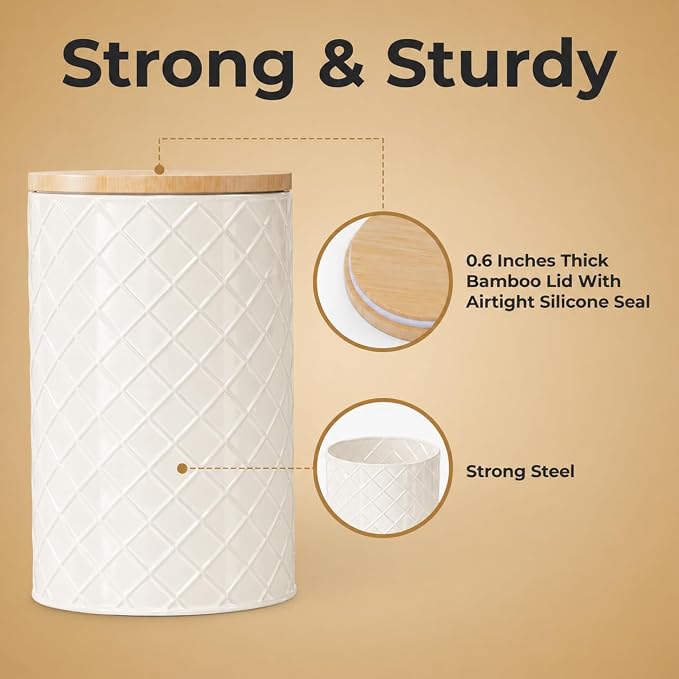 Pebble & Stem® Cream Metal Canister Set for the Kitchen Counter, Food Canister Set of 4, Airtight Lids, Sugar and Flour Containers for Countertops, Coffee and Tea Storage, Farmhouse Decor - Image 4