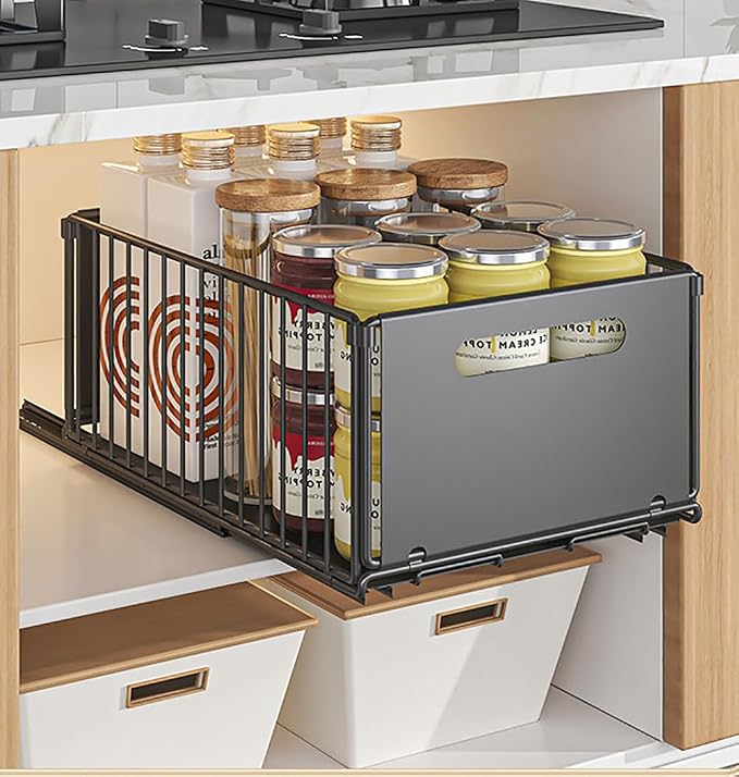 YunNasi Pull Out Cabinet Organizer, Black, 4Piece 9.8" W X15 D X7.5 H | Slide Out Drawer Storage Shelves, Cupboard Organiser, Sliding Cabinet Basket for Kitchen, No Drilling and Nailing - Image 2