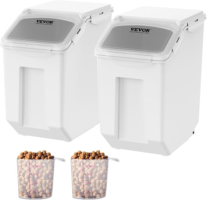 VEVOR Ingredient Storage Bin, 2 x 15L Dispenser Bin with 2 Measuring Cups, Attachable Casters and Airtight Lid, 2 Pcs/Set Dog Pet Food Storage Container, PP Material Kitchen Rice Cereal Flour Bin by VEVOR