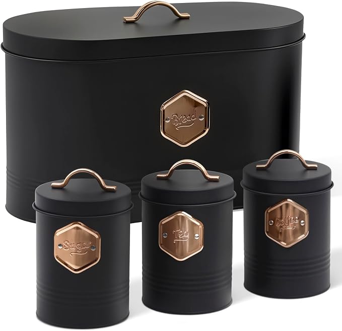 Plexon Bread Box for Kitchen Countertop with 3 Coffee, Tea, Sugar Canisters, Metal 4-Piece Bread Box Set with Lids and Cooper Labels, Black, BBCP4STBK by Plexon
