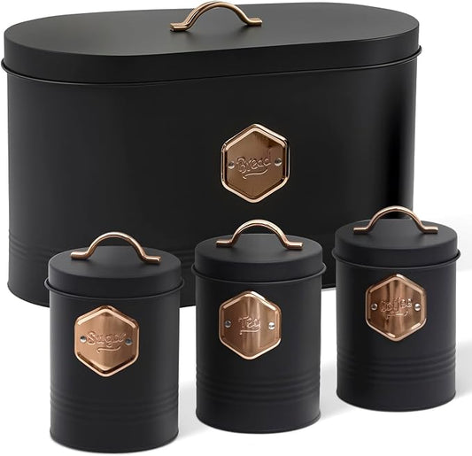 Plexon Bread Box for Kitchen Countertop with 3 Coffee, Tea, Sugar Canisters, Metal 4-Piece Bread Box Set with Lids and Cooper Labels, Black, BBCP4STBK by Plexon