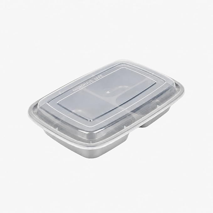 Asporto 26 Ounce Compartment Take Out Boxes, 100 Microwavable Meal Prep Containers - 3 Compartments, With Clear Plastic Lids, Silver Plastic Food Containers, Do Not Contain BPA - Restaurantware - Image 2