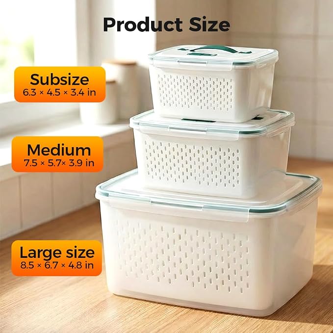 Fruit Storage Containers with Removable Colander (Green 6PCS, Large) | Leakproof Produce Containers for Fridge, Produce Storage Containers, Fridge Organizers and Storage for Fruit, Vegetables - Image 6