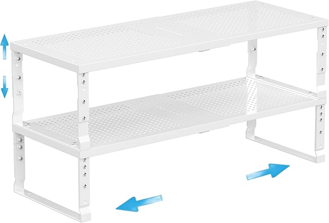 Expandable Spice Rack Kitchen Cabinet Shelf Organizer, Stackable Storage Shelves Racks, Adjustable Counter Shelving for Cabinets, Countertop, Cupboard,Pantry and More(2Packs/White/Medium) by Goodqualityproducts