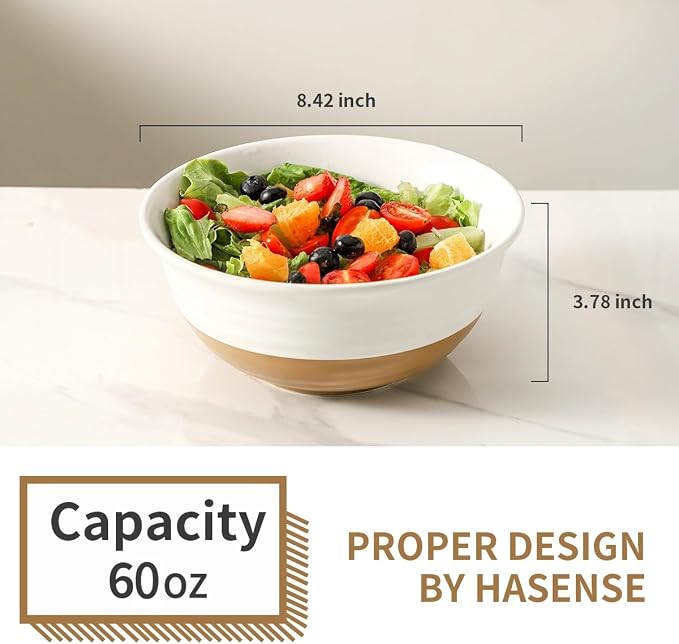 HASENSE Large Ceramic Serving Bowls Set of 2, 60 Oz 8.5 Inch White & Terracotta Stoneware Bowls, Farmhouse Bowls for Salad, Soup & Pasta, Dishwasher & Microwave Safe, Christmas Entertaining Dishes - Image 3