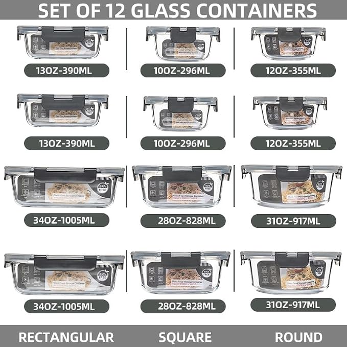 12 Pack Glass Storage Containers Transparent, Stackable Design Meal Prep Containers for Food Storage, Home, Kitchen & Pantry Organization, Microwave/Freezer/Dishwasher Safe - Image 2