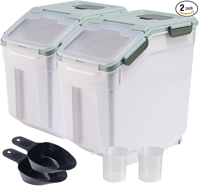 2 Pack Large Flour Storage Container 50 lb Airtight Rice Storage Container with Lid, Wheels, Measuring Cup, Scoop, Plastic Flour Sugar Bin Organizer for Grain Cereal, Rice Dispenser (Green) by Mairuker
