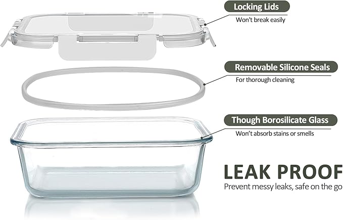 M MCIRCO 10 Pack,22 oz Glass Food Storage Containers with lids, White | Glass Meal Prep Containers,Airtight Lunch Containers with Lids, Microwave, Oven, Freezer and Dishwasher Friendly, BPA Free - Image 3