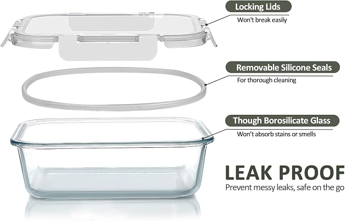 M MCIRCO 10 Pack Glass Food Storage Containers with Lids, White | Glass Meal Prep Containers,Airtight Lunch Containers with Lids, Microwave, Oven, Freezer and Dishwasher Friendly, BPA Free - Image 3