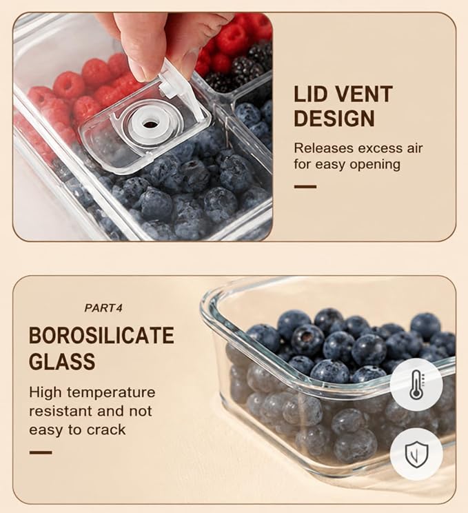 Glass Berry Container for Fridge, 3 Pack, 56oz 35oz 25oz, with Removable Colander and Vent Valve, Fresh Produce Storage Set - Image 5