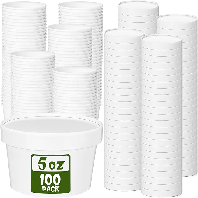 Fulmoon 100 Pack Paper Soup Containers with Lids Disposable Paper Food Containers with Vented Lid Kraft Ice Cream Cake Dessert Cups Soup Bowl for Party Hot Food Fruit Microwave(5 oz,White) by Fulmoon