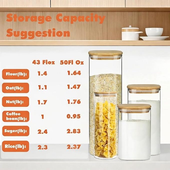 Glass Storage Containers with Airtight Bamboo Lids,Round Glass Jars Pantry Organizers,Perfect for Kitchen Organization - Flour, Rice, Pasta, Sugar, Coffee Beans, Accessories Included (43oz*6) - Image 5