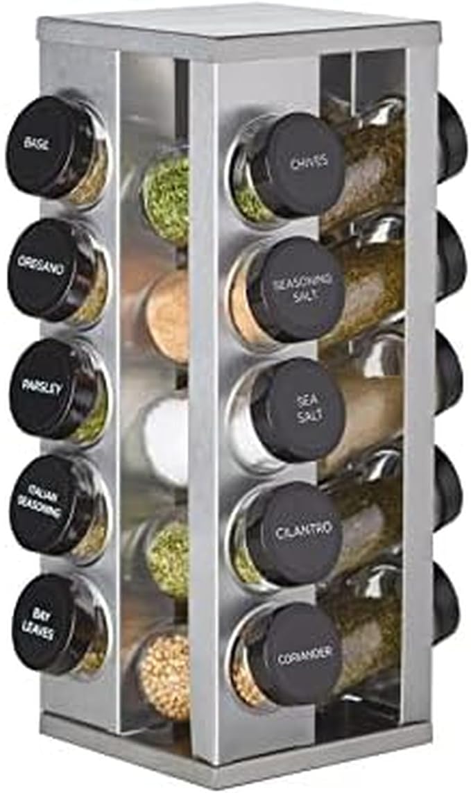 Kamenstein 20 Jar Heritage Revolving Countertop Spice Rack Organizer with Spices Included, FREE Spice Refills for 5 years, Brushed Stainless Steel with Black Caps by Kamenstein