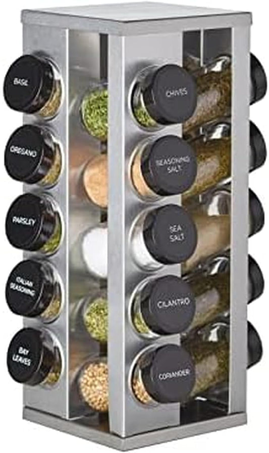 Kamenstein 20 Jar Heritage Revolving Countertop Spice Rack Organizer with Spices Included, FREE Spice Refills for 5 years, Brushed Stainless Steel with Black Caps by Kamenstein