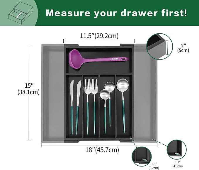 Utoplike Bamboo Silverware Drawer Organizer, Black Kitchen Utensils Tray | Expandable Drawers Organiser, Cutlery Dividers, Flatware Caddy Drawer Insert, Office Supplies, 5-7 Slots - Image 2