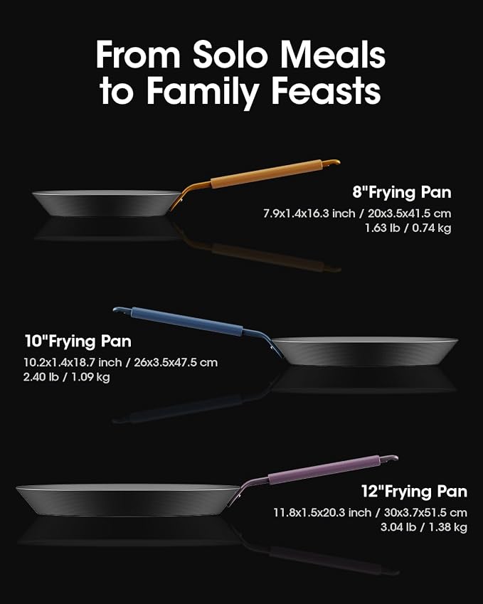 Carbon Steel Frying Pan Set, 8 10 12 Inch Nitrided Skillets | Complete Size Range for Everyday Cooking; Preseasoned Surface Develops Natural Patina without Coatings - Image 2