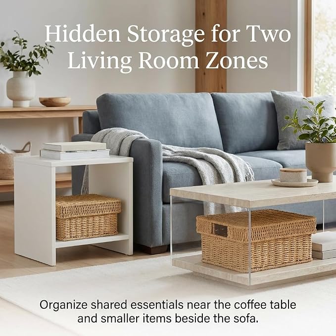 Wicker Storage Baskets with Lids for Shelves, 2-Basket Set, Natural | Two rectangular wicker baskets with removable lids, large and medium, for decorative shelf storage; lids flip into trays. - Image 3
