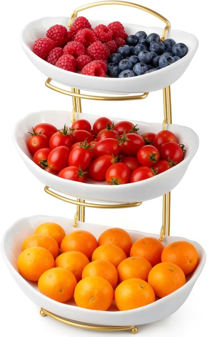 Ceramic Fruit Bowl for Kitchen Counter, Fruit Basket with Metal Stand, Tiered Fruit Rack for Countertop, Modern Serving Bowl for Party Dessert, Vegetable, Snack (White) - Image 9