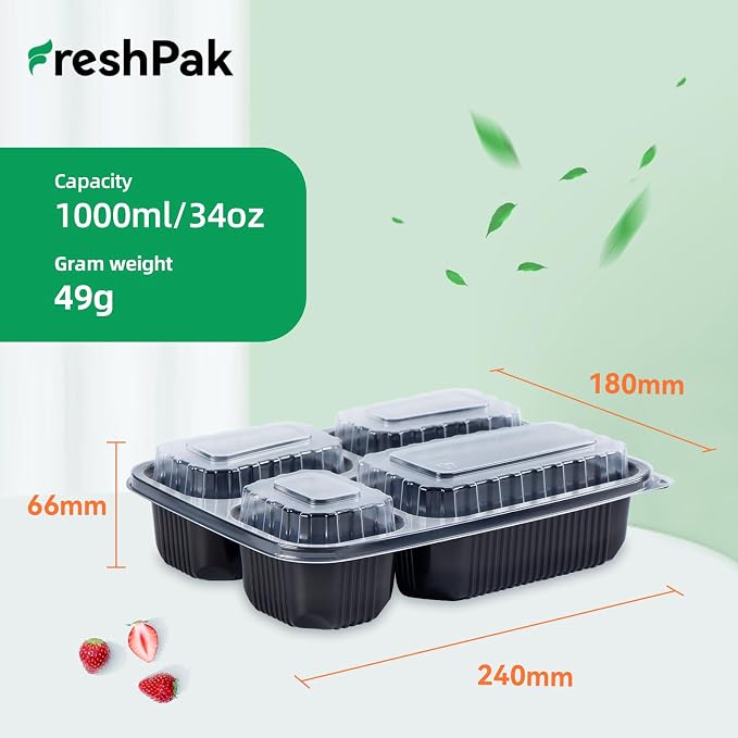 40 Pack 34oz Meal Prep Containers - Shrink Wrapped Ready To Use | 4-Compartment Leak-Resistant | Shatterproof Flexible PP | BPA Free Microwave Safe, Leftover & Catering To-Go Boxes - Image 2