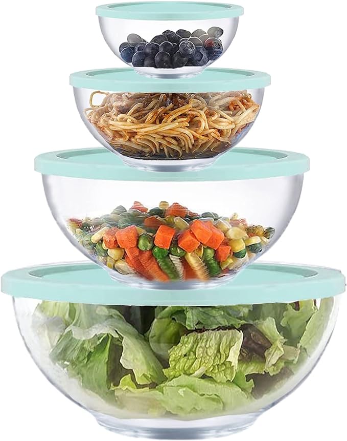 Glass Mixing Bowl Set with Airtight Lids for Kitchen Baking Prepping, Serving, Cooking 0.6QT, 1.1QT, 2.2QT, 4QT Salad Bowl Set with Lids, Dishwasher and Microwavable Safe by Homwin