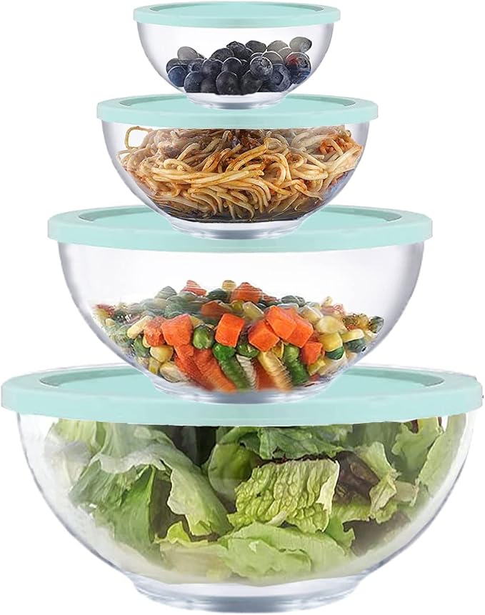 Glass Mixing Bowl Set with Airtight Lids for Kitchen Baking Prepping, Serving, Cooking 0.6QT, 1.1QT, 2.2QT, 4QT Salad Bowl Set with Lids, Dishwasher and Microwavable Safe by Homwin