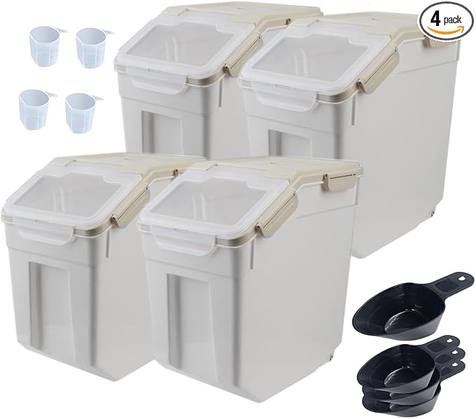 Large Flour Storage Container Bin 25lb,4 Pack Airtight Rice Storage Containers with Wheels Seal Locking Lid BPA Free with Measuring Cup,Scoop for Flour, Rice, Grain, Dry Food - Grey by Mairuker