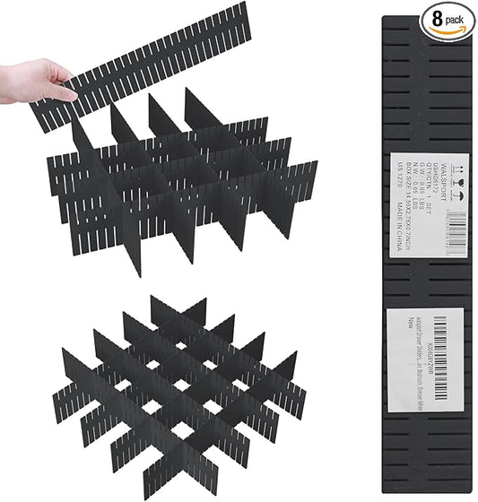 Adjustable Drawer Dividers, Cut to Fit Plastic Organizer Strips, 8-Pack | Plastic Drawer Dividers for Organizing Utensils Socks Underwear Makeup in Kitchen Bedroom Drawers Bins Fridge Compartments by Albad