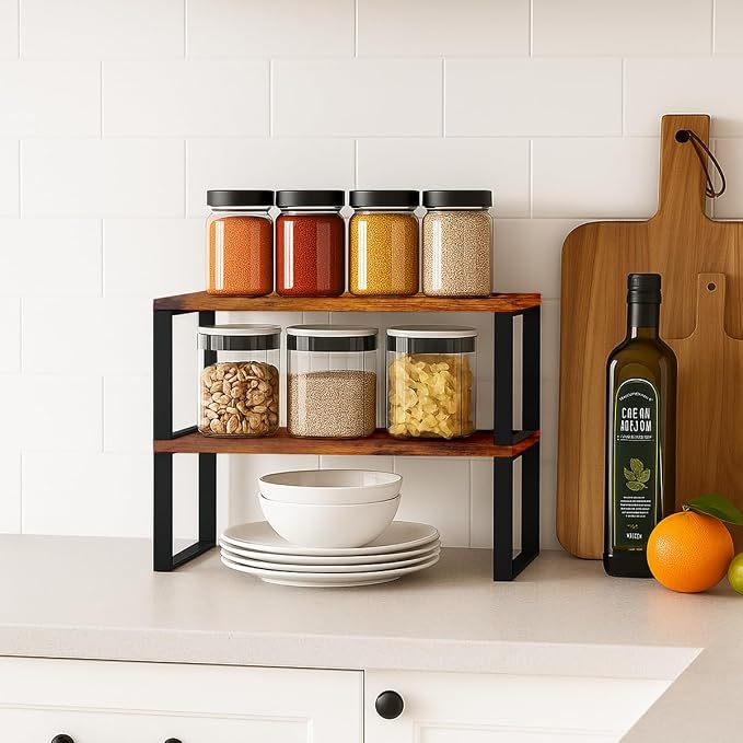 Sben Cabinet Organizer Shelf, Set of 2 Kitchen Counter Shelves, Kitchen Storage, Spice Rack, Stackable, Expandable, Metal and Engineered Wood, Ink Black and Rustic Brown - Image 2