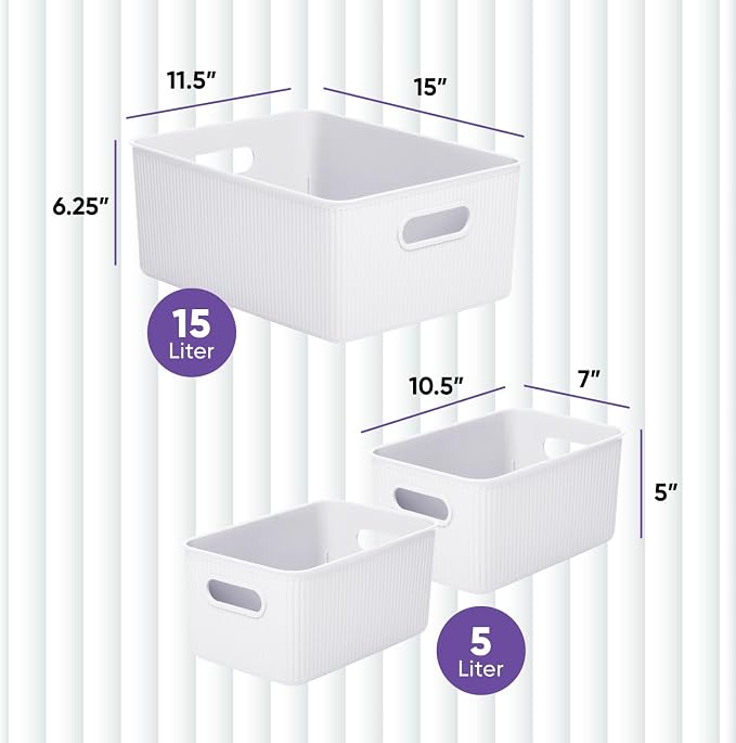 Superio Ribbed Collection - Decorative Plastic Basket Open Home Storage Bins Organizer, White (Set of 3) 1 Large, 2 Medium - Container Boxes for Organizing Closet Storage Bins for Shelves - Image 2